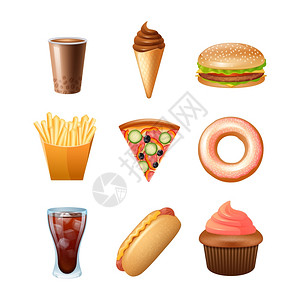 快餐菜单平图标快餐店菜单图标收集与甜甜圈纸杯蛋糕双芝士汉堡抽象颜色孤立矢量插图图片