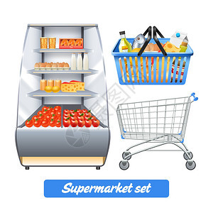 超市现实的食品货架,购物篮空手推车孤立矢量插图超市写实套装图片
