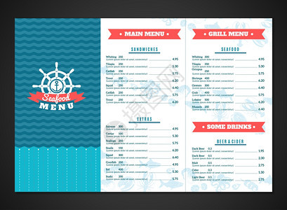 海鲜餐厅菜单模板与鱼类海洋动物菜肴矢量插图海鲜菜单模板图片