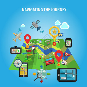 导航旅程导航位置旅程旅行与地标平颜色矢量插图背景图片
