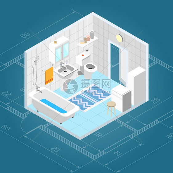 浴室内部等距与三维浴缸厕所家具图标矢量插图浴室内部等距图片