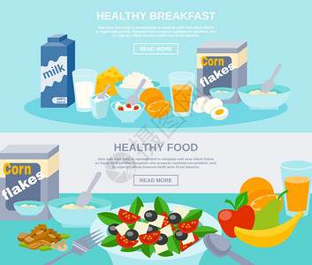 健康食品平板横幅套健康膳食早餐食品,水果,乳制品自然产品,平水平横幅矢量插图图片
