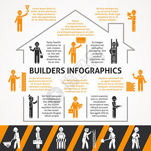 建设者平色信息图集建筑工人建筑房屋与文本平黑色橙色剪影信息集矢量插图图片