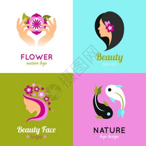 美容4平广场自然美的女人脸与异国情调的花朵4平图标成方形抽象矢量孤立插图图片
