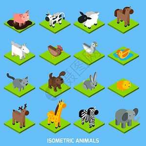 等距动物三维仓鼠猪羊兔等距矢量插图等距动物集合图片