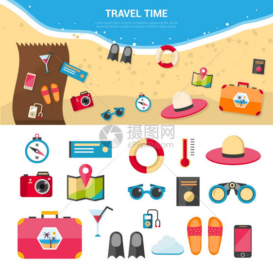 暑假旅游图标暑假海上度假旅游与平图标矢量插图图片