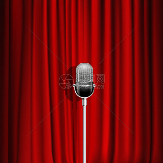 麦克风红色窗帘背景麦克风红色窗帘现实背景舞台符号矢量插图图片
