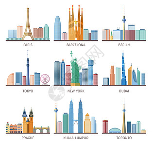 城市天际线图标城市天际线图标世界各地埃菲尔铁塔自由女神像平孤立矢量插图背景图片