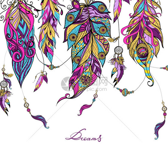 民族捕梦器羽毛与素描抽象彩色装饰矢量插图民族羽毛草图图片