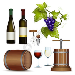葡萄酒图标收集平传统酒庄生产用葡萄压榨红酒瓶平图标收集抽象矢量插图背景图片