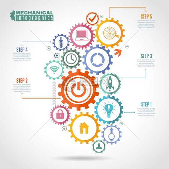 颜色机制信息图彩色机构信息与集成齿轮图标的数字互联网连接社会全球矢量插图图片