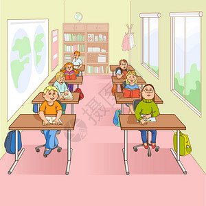 孩子们学校卡通插图孩子们学校的教室里的桌子上着复印本教程,卡通彩色油漆矢量插图图片