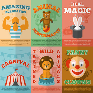 马戏平图标构图海报惊人的旅行马戏魔术表演公告平图标成横幅与滑稽小丑抽象矢量孤立插图图片