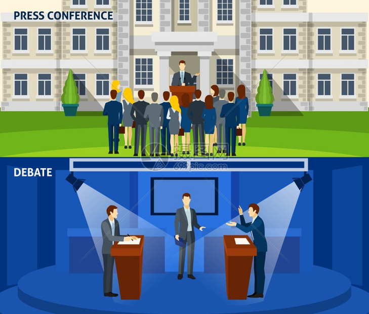 政治两个平横幅政领袖新闻发布会总统选举辩论2平横幅抽象孤立矢量插图可编辑EPS渲染的jpg格式图片