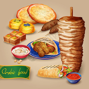 阿拉伯食品套装阿拉伯食品与肖尔马烤肉鹰嘴豆泥皮塔卡通矢量插图图片
