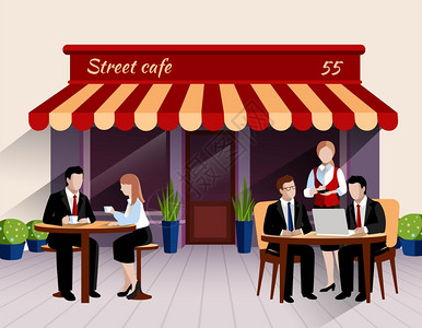 街头咖啡馆客户平横幅插图街头咖啡馆户外露台商务午餐场景与服务员订购平横幅打印抽象矢量插图可编辑EPS渲染的jpg格图片