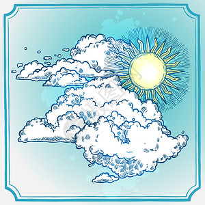 阳光天空框架与复古风格素描太阳云矢量插图阳光明媚的天空框架图片