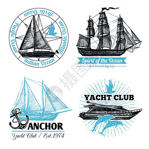 海洋标签手绘帆船游轮孤立矢量插图海洋标签图片