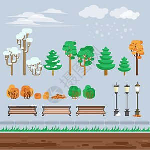 游戏2d冬季景观公园背景计算机电子游戏2d冬季场景背景透视与过道风格城市公园抽象矢量插图图片