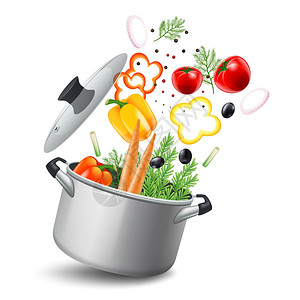 带蔬菜插图的砂锅砂锅与蔬菜,如胡萝卜,西红柿辣椒现实矢量插图图片