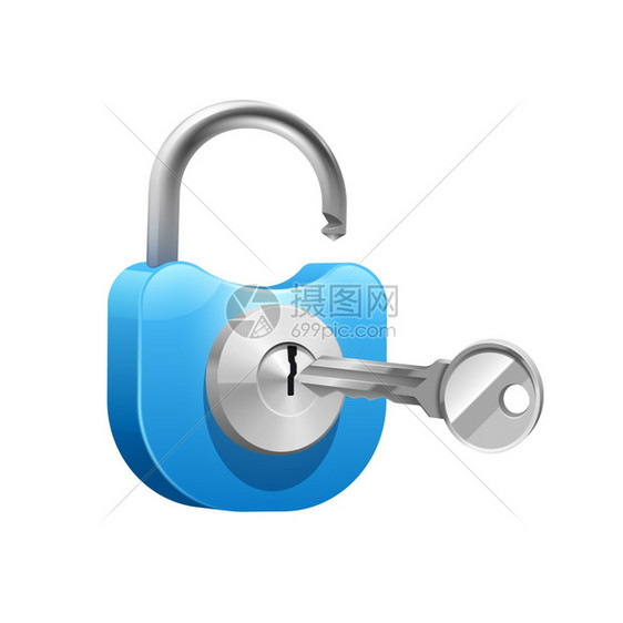 挂锁与关键插图金属蓝色挂锁与钥匙打开现实矢量插图图片