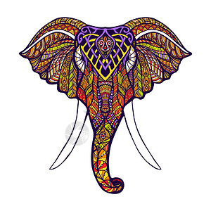 正观看大象头与彩色华丽的手绘矢量插图大象的头彩色的背景图片