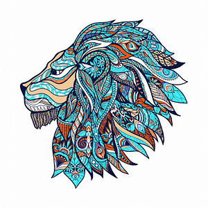 狮子头轮廓与装饰漩涡装饰彩色矢量插图狮子彩色插图图片