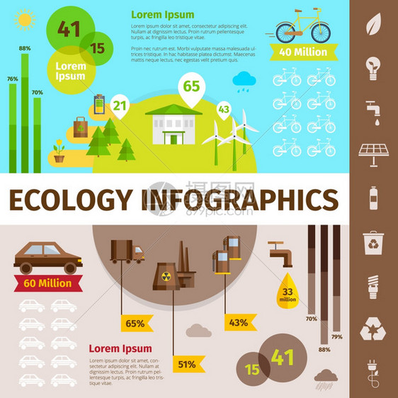 生态信息图集生态信息图集与自然污染符号平矢量插图图片