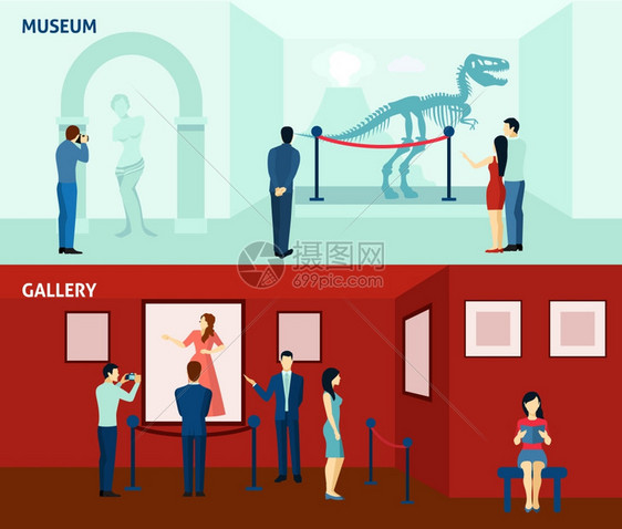 博物馆游客2平横幅海报美术馆游客古生物博物馆2平横幅构图海报抽象孤立矢量插图图片