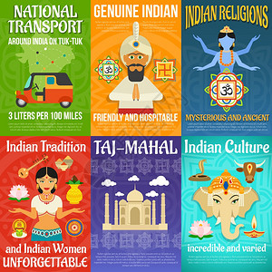 印度海报迷你集与运输宗教文化矢量插图印度海报套装图片