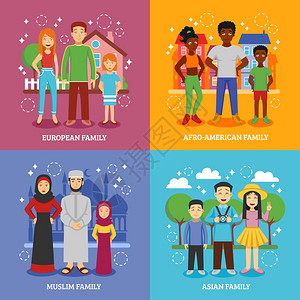家庭亚洲人家庭图标民族家庭图标与欧洲非裔美国人穆斯林亚洲民族平孤立矢量插图插画