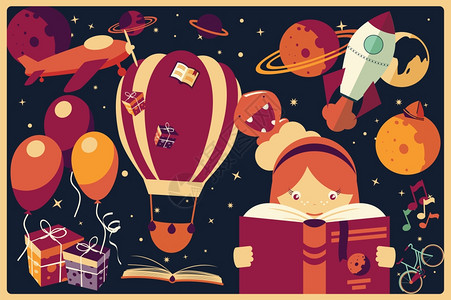 背景与想象项目个女孩阅读本书,气球,火箭船,太空,行星,矢量插图图片
