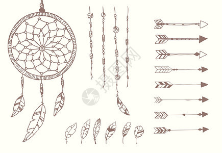 手绘美洲本土羽毛,捕梦器,珠子箭头,矢量插图图片