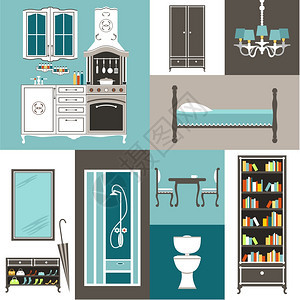 厨房浴室客厅卧室的家具矢量插图图片