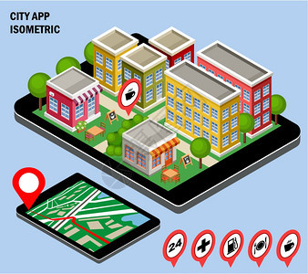 三维等距城市与指定的目标点平板电脑屏幕上城市导航应用程序矢量插图图片