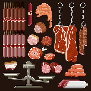 套肉制品香肠,火腿,猪肉矢量插图图片