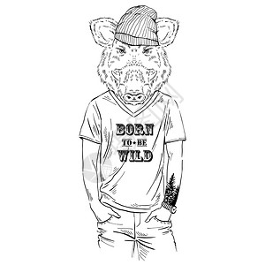 企业形象野猪的插图,穿着T恤,引用插画