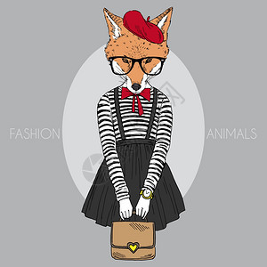拟人化时尚插图的狐狸女孩打扮成法国复古风格背景图片