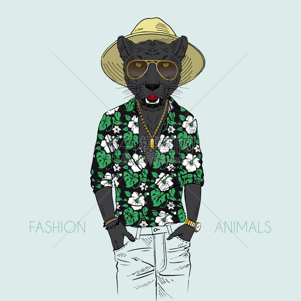 拟人化豹穿着阿罗哈衬衫的插图图片