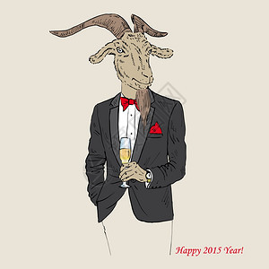 山羊穿着燕尾服,着杯香槟,快乐的2015,中国的星座图片