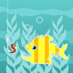 鱼食肉鱼想吞下条钩上的虫子矢量插图高清图片