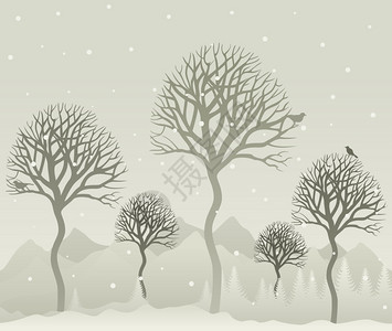 木头冬天的树林里下雪矢量插图图片
