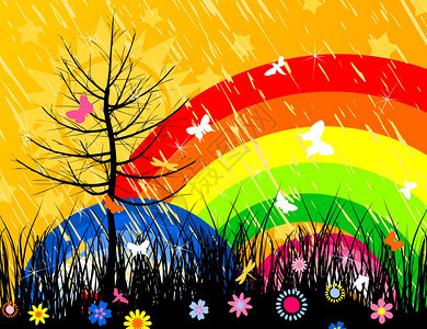 木头夏天树林里的太阳彩虹矢量插图图片