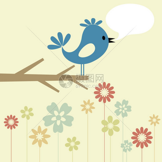 树上的鸟树枝上的蓝色小鸟说话矢量插图图片