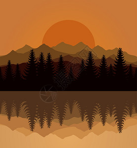 下降山湖上的日落矢量插图图片
