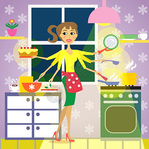 厨房里的女人,烹饪矢量插图图片