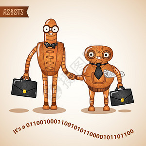 商业交易握手由两个复古机器人矢量插图图片