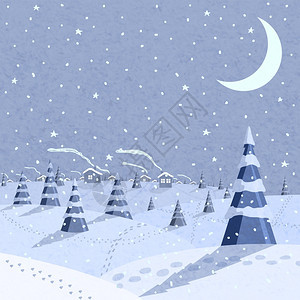 冬季景观场景与落雪夜间矢量插图图片