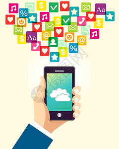 商务手持用智能手机与云应用社交媒体图标矢量插图图片