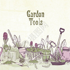 手绘园艺工具专辑封边框框架与铲子割草耙浇水罐矢量插图图片
